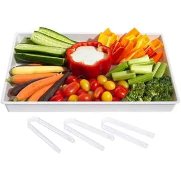 ImpiriLux White Platter Serving Tray Set 15" x 10.5" | Pack of 3 Plastic Party Platters and 3 Tongs | Ideal for Appetizers, Desserts, Catering and more