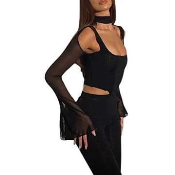Women's Feather Trim Long Sleeve Crop Top Square Neck Bustier Corset Top Faux Fur Y2K Fairy Basic Summer Tee Shirt (Black Mesh Sleeve Cutout Top, Small)