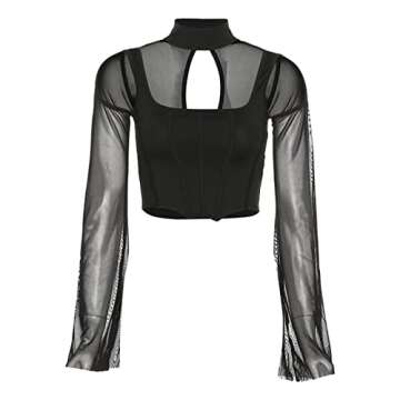 Women's Feather Trim Long Sleeve Crop Top Square Neck Bustier Corset Top Faux Fur Y2K Fairy Basic Summer Tee Shirt (Black Mesh Sleeve Cutout Top, Small)