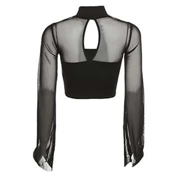 Women's Feather Trim Long Sleeve Crop Top Square Neck Bustier Corset Top Faux Fur Y2K Fairy Basic Summer Tee Shirt (Black Mesh Sleeve Cutout Top, Small)