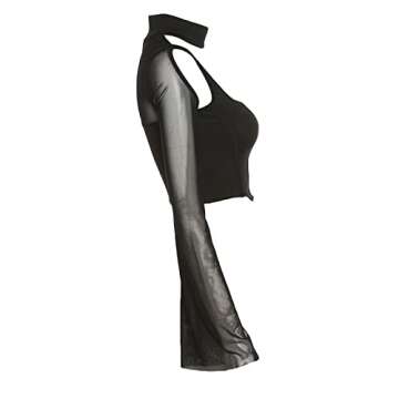 Women's Feather Trim Long Sleeve Crop Top Square Neck Bustier Corset Top Faux Fur Y2K Fairy Basic Summer Tee Shirt (Black Mesh Sleeve Cutout Top, Small)