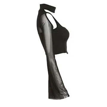 Women's Feather Trim Long Sleeve Crop Top Square Neck Bustier Corset Top Faux Fur Y2K Fairy Basic Summer Tee Shirt (Black Mesh Sleeve Cutout Top, Small)