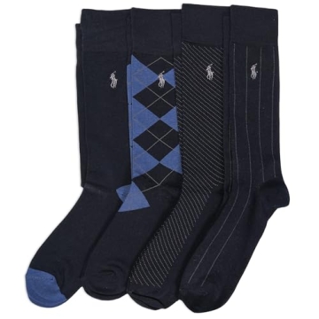 Polo Ralph Lauren Assorted Pattern Dress Crew Socks-4 Pair Pack-Soft and Lightweight Cotton Comfort, Blue, Men's Shoe Size: 6-12.5