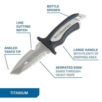 SCUBAPRO Mako Titanium Scuba Diving Knife with 3.5-Inch Blade, Includes Locking Sheath and BCD Mounting Kit