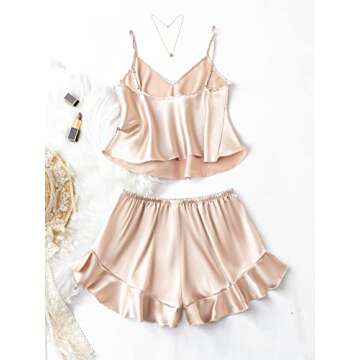 SOLY HUX Silk Pajamas Set for Women 2 Piece Sexy Satin Ruffled Pjs Cami Shorts Sets Sleepwear Solid ...