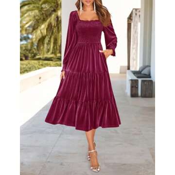 ZESICA Women’s Velvet Long Sleeve Dresses 2025 Spring Square Neck Smocked Ruffle A Line Flowy Midi Dress with Pockets,Burgundy,Small