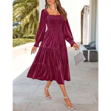 ZESICA Women’s Velvet Long Sleeve Dresses 2025 Spring Square Neck Smocked Ruffle A Line Flowy Midi Dress with Pockets,Burgundy,Small