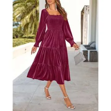 ZESICA Women’s Velvet Long Sleeve Dresses 2025 Spring Square Neck Smocked Ruffle A Line Flowy Midi Dress with Pockets,Burgundy,Small