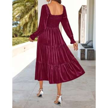 ZESICA Women’s Velvet Long Sleeve Dresses 2025 Spring Square Neck Smocked Ruffle A Line Flowy Midi Dress with Pockets,Burgundy,Small