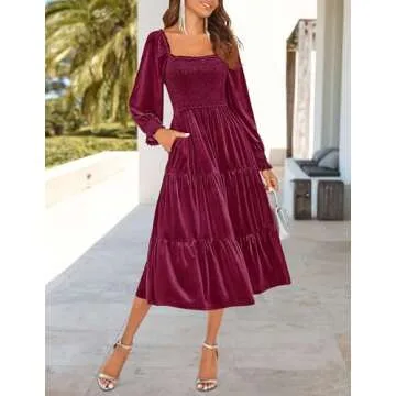 ZESICA Women’s Velvet Long Sleeve Dresses 2025 Spring Square Neck Smocked Ruffle A Line Flowy Midi Dress with Pockets,Burgundy,Small