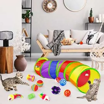 32 PCS Cat Toys Kitten Toys, Variety Catnip Toys with Rainbow Tunnel Interactive Cat Feather Teaser Fluffy Mouse Crinkle Balls Spring Toy Set for Cat, Kitty