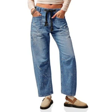 Cicy Bell Womens Baggy Barrel Horseshoe Jeans Wide Leg Drawstring Vintage Denim Pants with Front Poc...