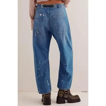 Cicy Bell Womens Baggy Barrel Horseshoe Jeans Wide Leg Drawstring Vintage Denim Pants with Front Pockets Blue