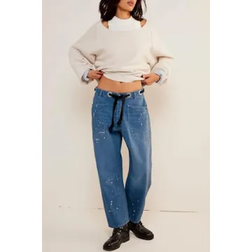 Cicy Bell Womens Baggy Barrel Horseshoe Jeans Wide Leg Drawstring Vintage Denim Pants with Front Pockets Blue