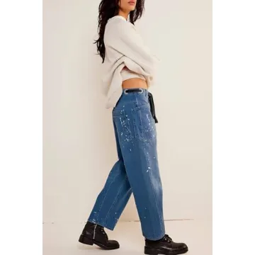 Cicy Bell Womens Baggy Barrel Horseshoe Jeans Wide Leg Drawstring Vintage Denim Pants with Front Pockets Blue