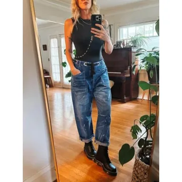 Cicy Bell Womens Baggy Barrel Horseshoe Jeans Wide Leg Drawstring Vintage Denim Pants with Front Pockets Blue