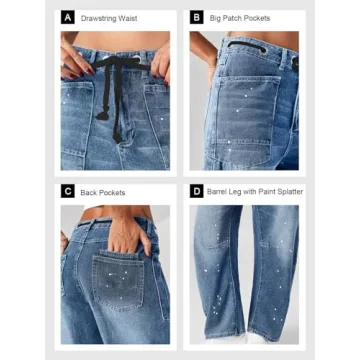 Cicy Bell Womens Baggy Barrel Horseshoe Jeans Wide Leg Drawstring Vintage Denim Pants with Front Pockets Blue
