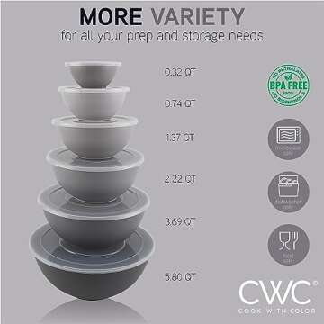 COOK WITH COLOR Plastic Nesting Mixing Bowls Set - 12 Piece includes 6 Prep Bowls and 6 Lids, Microwave Safe (Gray Ombre)