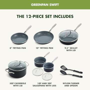 GreenPan Swift 12 Piece Cookware Pot and Pans Set, PFAS & PFOA-Free Healthy Ceramic Nonstick, Gold Stainless Steel Handle, Versatile Cooking Essentials, Dishwasher & Oven Safe, Gray