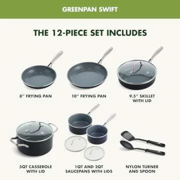 GreenPan Swift 12 Piece Cookware Pot and Pans Set, PFAS & PFOA-Free Healthy Ceramic Nonstick, Gold Stainless Steel Handle, Versatile Cooking Essentials, Dishwasher & Oven Safe, Gray