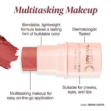 Mineral Fusion 3-in-1 Color Stick, Instant Color Pop and Blush for Cheeks, Creamy Lightweight Formula, Multi-Use Eye, Face, and Lip Makeup, Terra Cotta