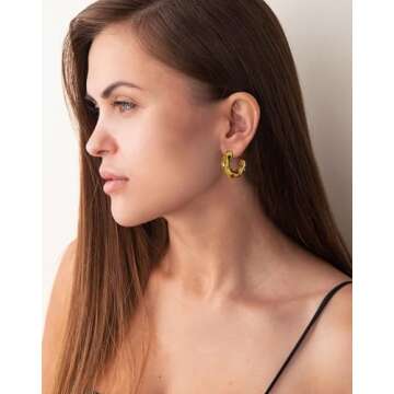 14K Gold Plated Earrings for Women, Small Thick Stainless Steel Drop Earrings Dangle Pearl Colorful ...