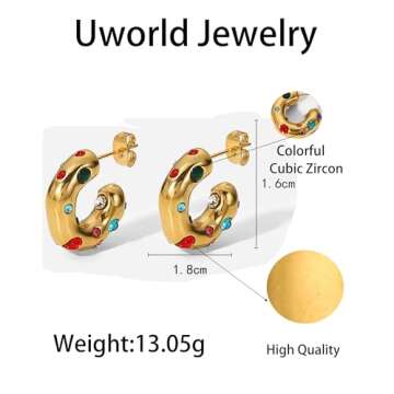 14K Gold Plated Earrings for Women, Small Thick Stainless Steel Drop Earrings Dangle Pearl Colorful Cubic Zirconia Hoop Earring Jewelry (D Stud Colorful)