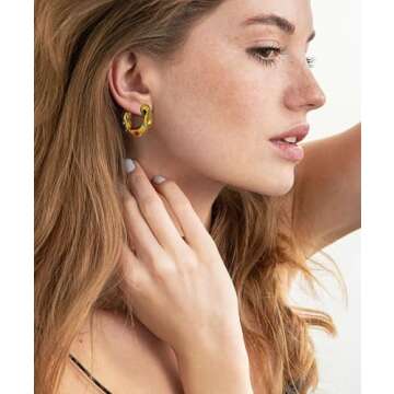 14K Gold Plated Earrings for Women, Small Thick Stainless Steel Drop Earrings Dangle Pearl Colorful Cubic Zirconia Hoop Earring Jewelry (D Stud Colorful)