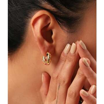 14K Gold Plated Earrings for Women, Small Thick Stainless Steel Drop Earrings Dangle Pearl Colorful Cubic Zirconia Hoop Earring Jewelry (D Stud Colorful)