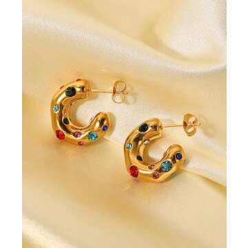 14K Gold Plated Earrings for Women, Small Thick Stainless Steel Drop Earrings Dangle Pearl Colorful Cubic Zirconia Hoop Earring Jewelry (D Stud Colorful)