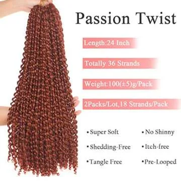 Leeven 2 Packs 24 Inch Copper Red Passion Twist Hair for Butterfly Locs Long Bohemian 350# Water Wave Passion Twists Crochet Braiding Hair 18 Strands/Pack Hot Water Setting Synthetic Braids Hair