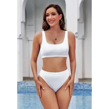 Pink Queen Women's Crop Top Scoop Neck High Waist Bikini Set Swimwear M White