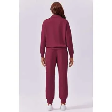 PINSPARK Two Piece Sets for Women 2024 Fall Travel Outfits Long Sleeve Lounge Set Tracksuit Sweatsuit Half Zip Jogger Sets Matching Sets Preppy Clothes,Magenta Purple Small