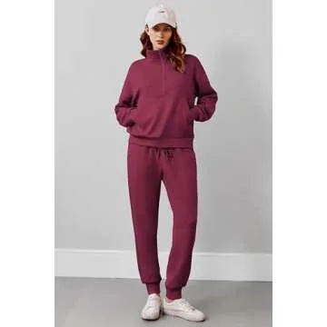PINSPARK Two Piece Sets for Women 2024 Fall Travel Outfits Long Sleeve Lounge Set Tracksuit Sweatsuit Half Zip Jogger Sets Matching Sets Preppy Clothes,Magenta Purple Small