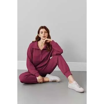 PINSPARK Two Piece Sets for Women 2024 Fall Travel Outfits Long Sleeve Lounge Set Tracksuit Sweatsuit Half Zip Jogger Sets Matching Sets Preppy Clothes,Magenta Purple Small