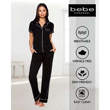 bebe Womens 2 Piece Short Sleeve Button Down Shirt and Long Pants Bridesmaid Pajamas Set (Black, Medium)