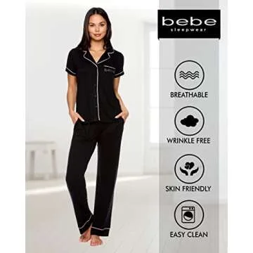 bebe Womens 2 Piece Short Sleeve Button Down Shirt and Long Pants Bridesmaid Pajamas Set (Black, Medium)