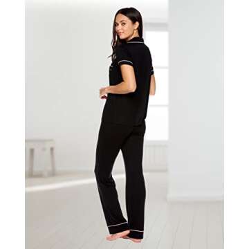 bebe Womens 2 Piece Short Sleeve Button Down Shirt and Long Pants Bridesmaid Pajamas Set (Black, Medium)