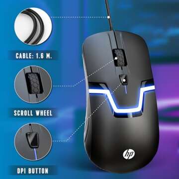 HP Wired RGB Gaming Mouse High Performance Mouse with Optical Sensor, 3 Buttons, 7 Color LED for Com...