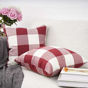 YOUR SMILE Christmas Retro Farmhouse Buffalo Tartan Chequer Plaid Cotton Linen Decorative Throw Pillow Case Cushion Cover Pillowcase for Sofa,Set of 2 (Red, 18''x18'')