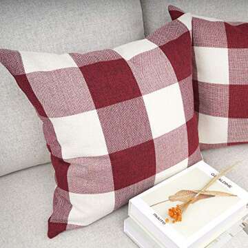 YOUR SMILE Christmas Retro Farmhouse Buffalo Tartan Chequer Plaid Cotton Linen Decorative Throw Pillow Case Cushion Cover Pillowcase for Sofa,Set of 2 (Red, 18''x18'')
