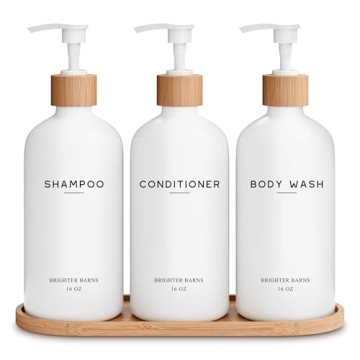 Elegant White Shampoo Dispenser Set by Brighter Barns - Eco-friendly BPA-Free Pump Bottles with Bamb...