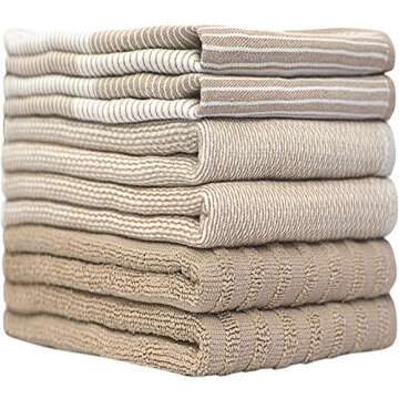 Premium Dish Towels (20”x 28”, 6 Pack) | Large Cotton Kitchen Hand Towels | | Flat & Terry Highly Absorbent Tea Towels Set with Hanging Loop | Tan
