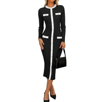 ZESICA Women's Ribbed Crewneck Sweater Dress 2024 Fall Winter Long Sleeve Button Color Block Knit Mi...