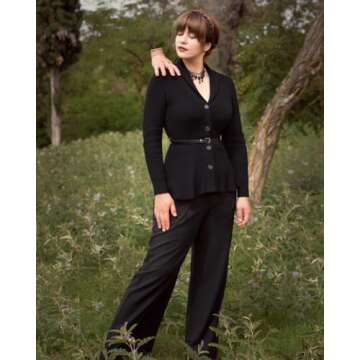 Ladies Elegant Cardigan Sweater 1950s Retro Cable Knitted Sweater Lapel Collar Cardigan (Black, L)