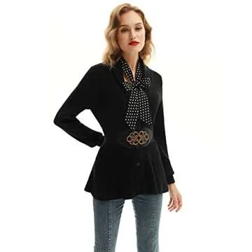 Ladies Elegant Cardigan Sweater 1950s Retro Cable Knitted Sweater Lapel Collar Cardigan (Black, L)