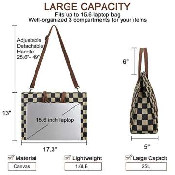 Laptop Tote Bag for Women Work Shoulder Bags 15.6 inch Canvas Lattice Laptop Computer Purse Messenger Teacher Handbag Business Office Briefcase(Khaki-Black)