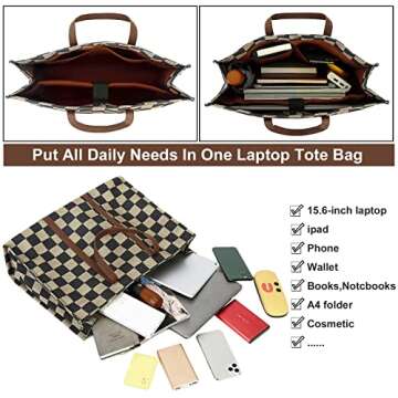 Laptop Tote Bag for Women Work Shoulder Bags 15.6 inch Canvas Lattice Laptop Computer Purse Messenger Teacher Handbag Business Office Briefcase(Khaki-Black)
