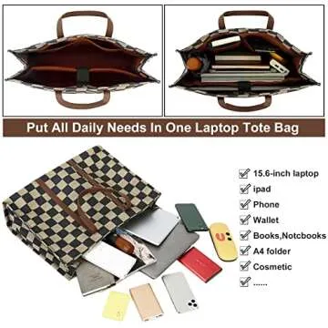 Laptop Tote Bag for Women Work Shoulder Bags 15.6 inch Canvas Lattice Laptop Computer Purse Messenger Teacher Handbag Business Office Briefcase(Khaki-Black)