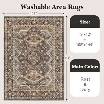 Rugland 9x12 Area Rug - Stain Resistant Washable Rug, Anti Slip Backing Rugs for Living Room, Vintag...
